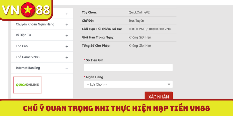 Chú ý quan trọng khi thực hiện nạp tiền VN88